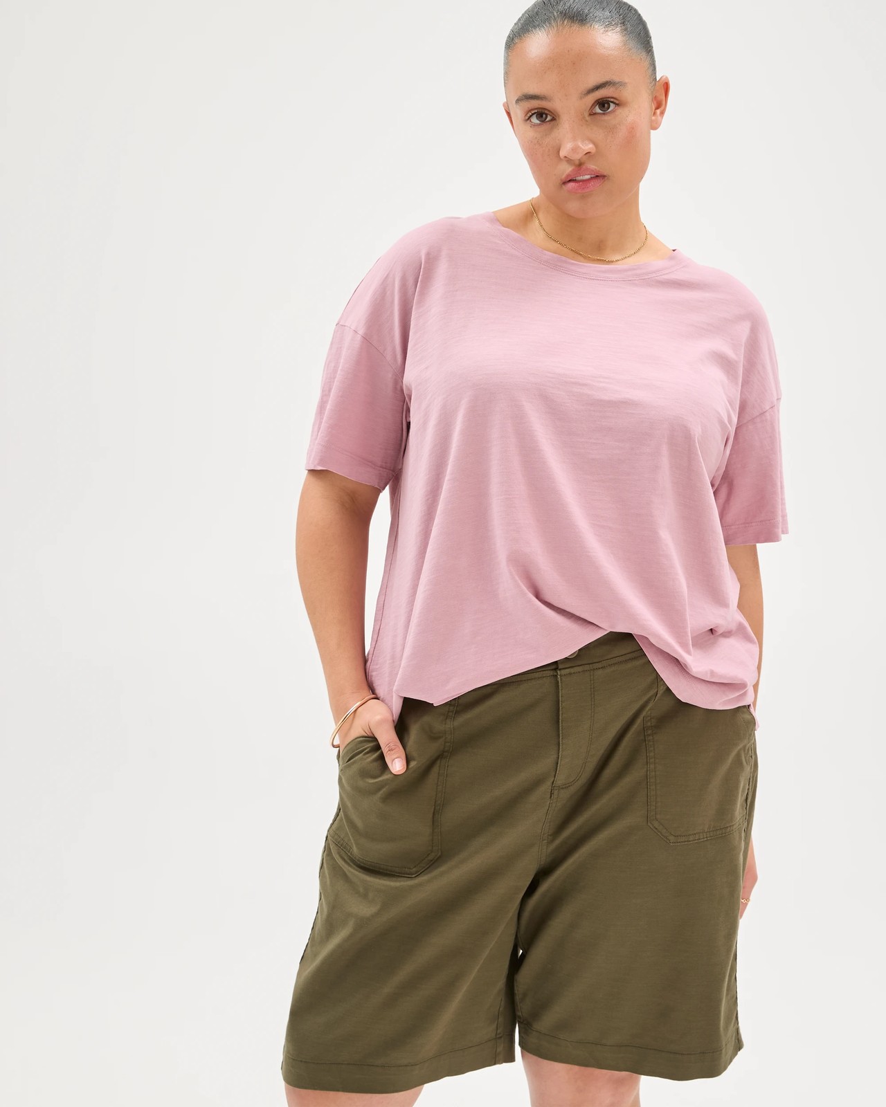 Plus Size Stretch Twill Pull On Bermuda Shorts - Khaki 5 of 5