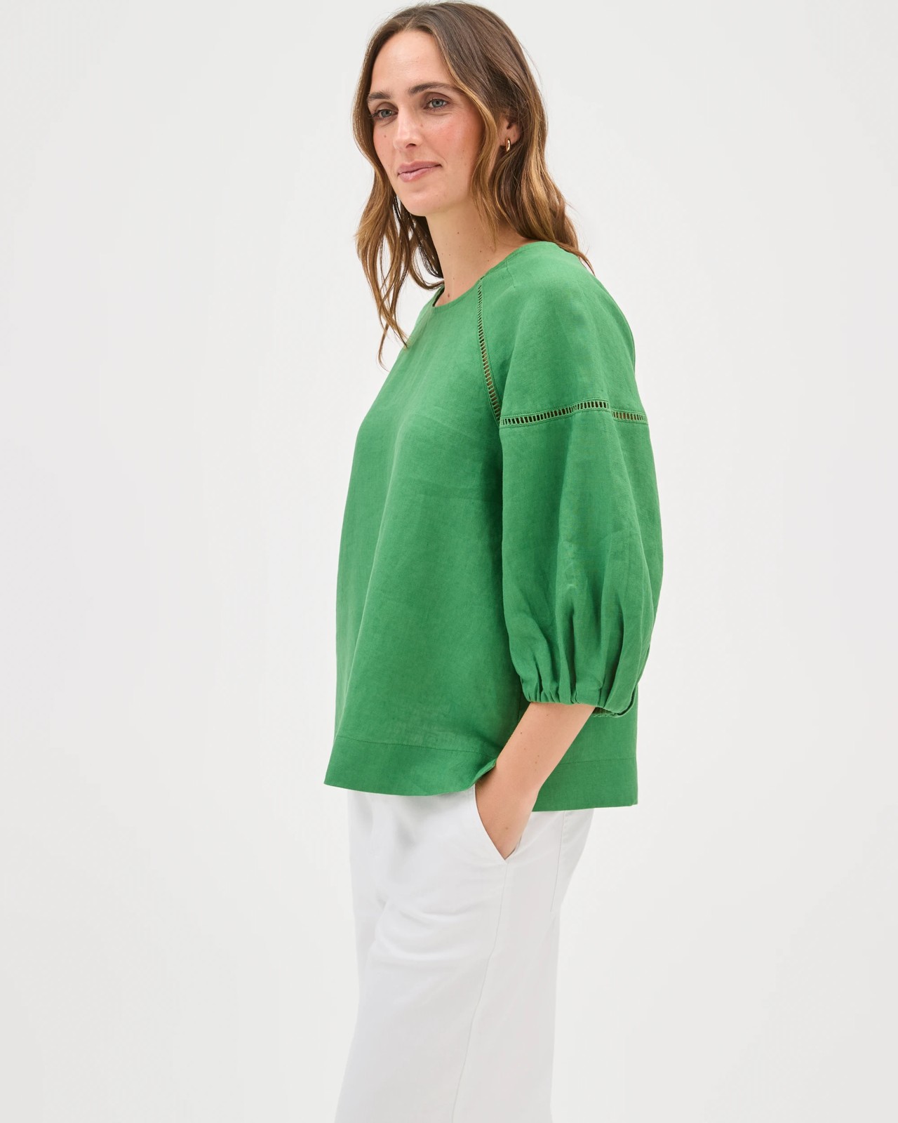 European Linen 3/4 Sleeve Trim Detail Top - Verdant Green 4 of 5