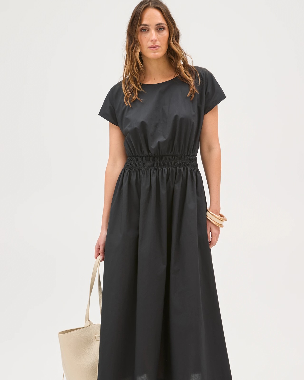 Australian Cotton Poplin Shirred Waist Maxi Dress - Black 3 of 6