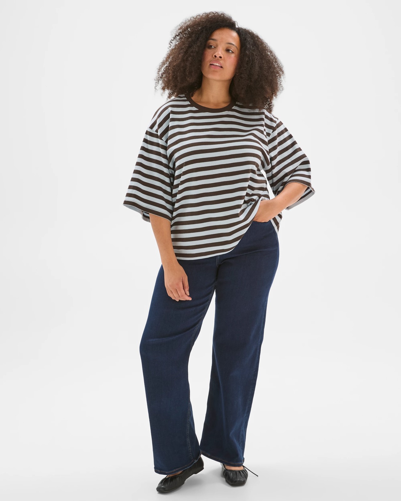 Plus Size Australian Cotton Wide Sleeve Boxy T-Shirt - Coffee/Blue 2 of 5