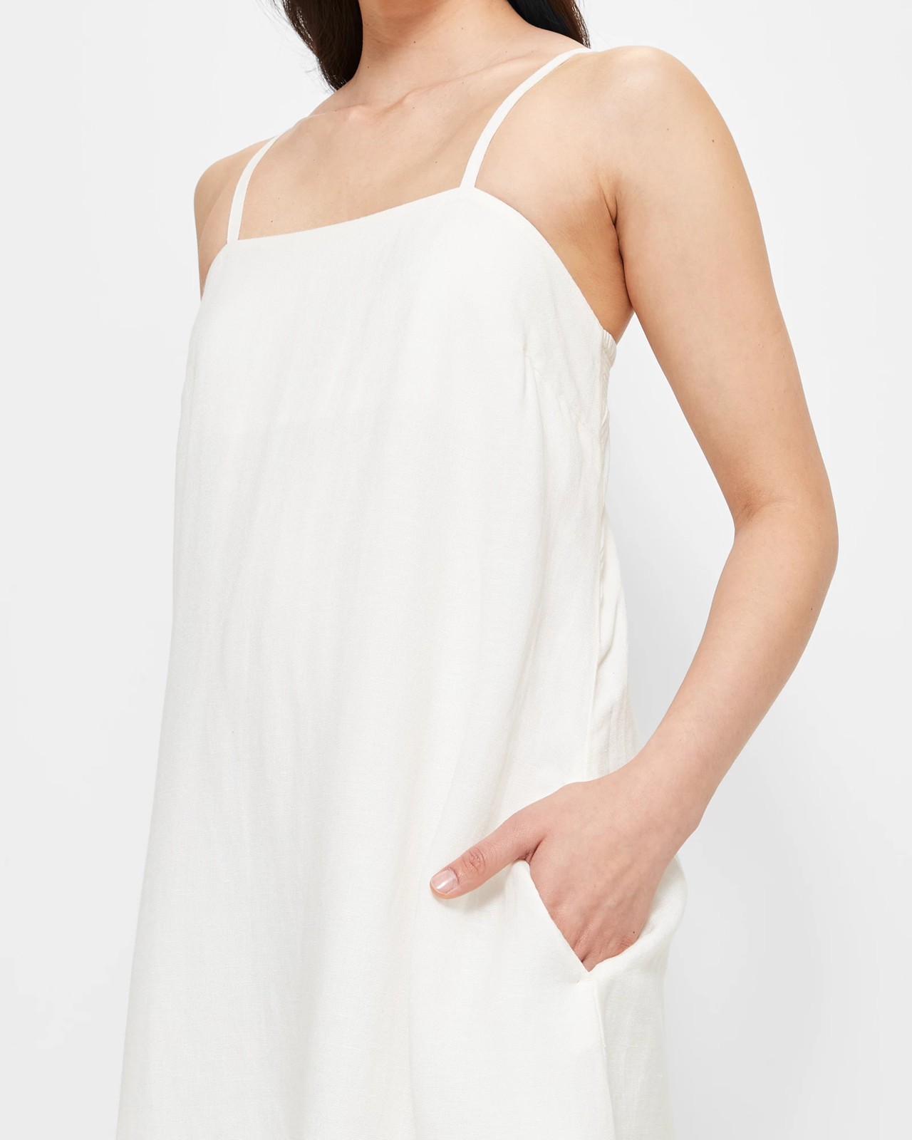White Linen Slip Dress With Adjustable Straps Midi Sleep Dress