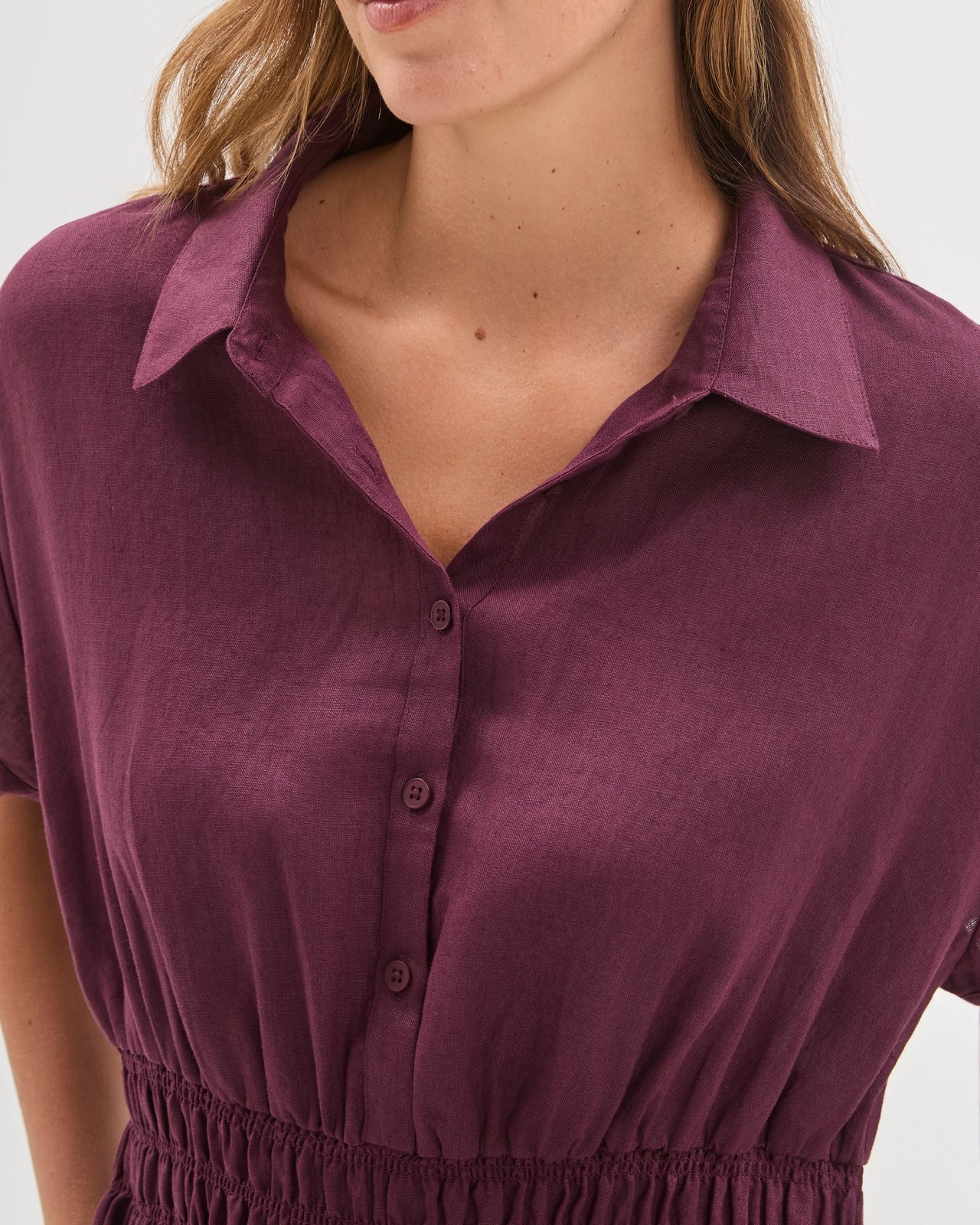 European Linen Shirred Waist Midi Dress - Merlot 4 of 5