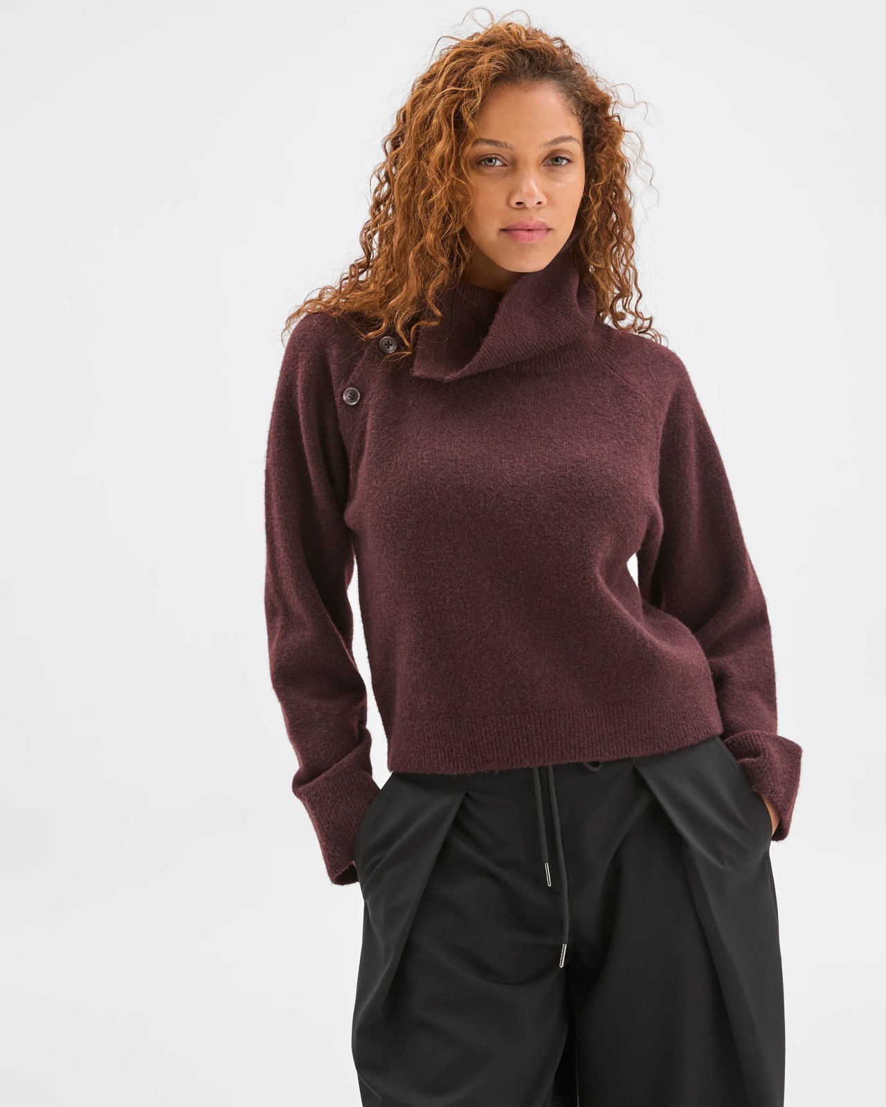 Preview Long Sleeve Asymmetric Fold Over Collar Sweater - Dark Chcocolate 3 of 6