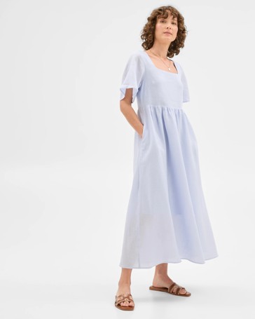 European Linen Flutter Sleeve Midi Dress