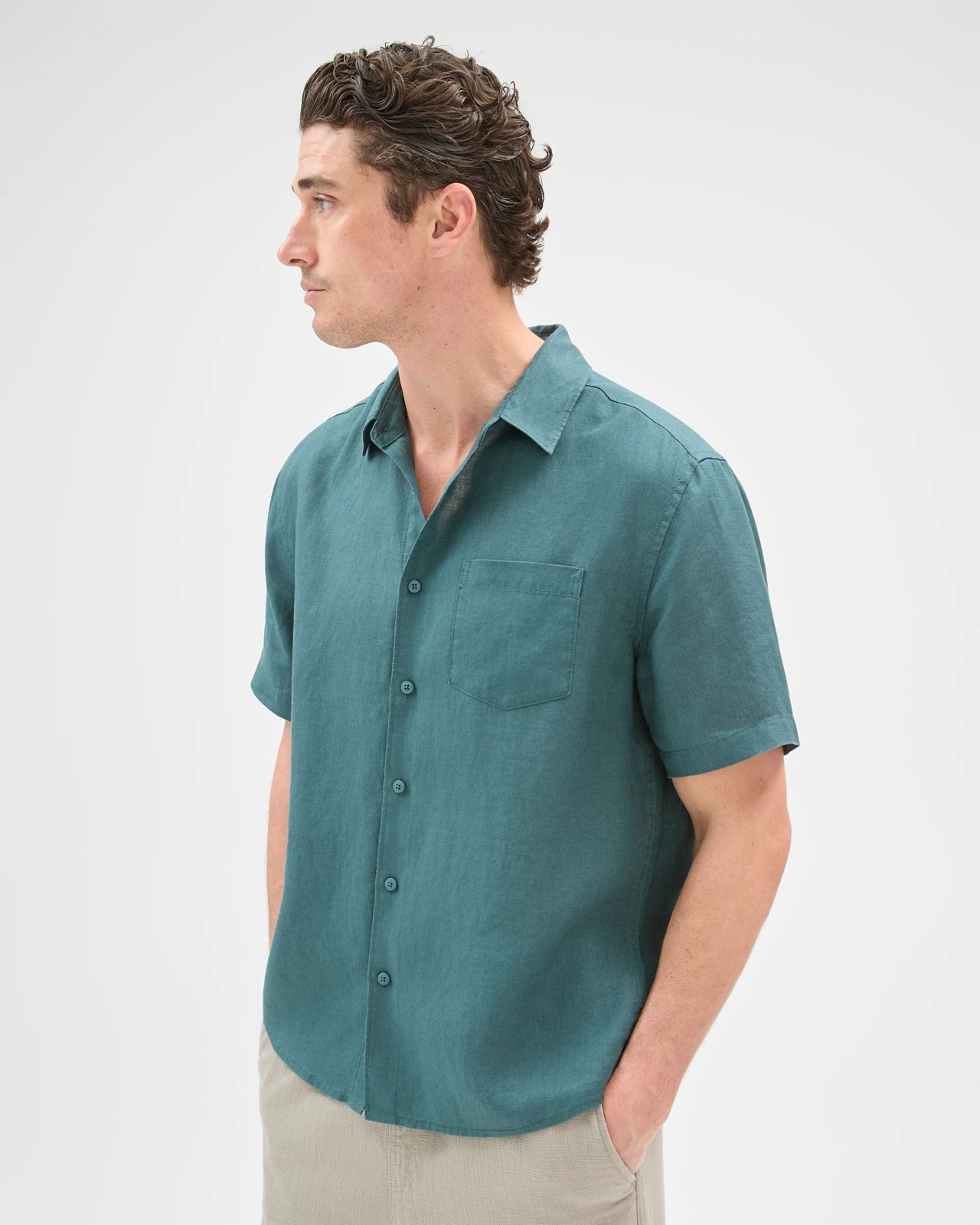 European Linen Short Sleeve Shirt - Hunter Green 5 of 5