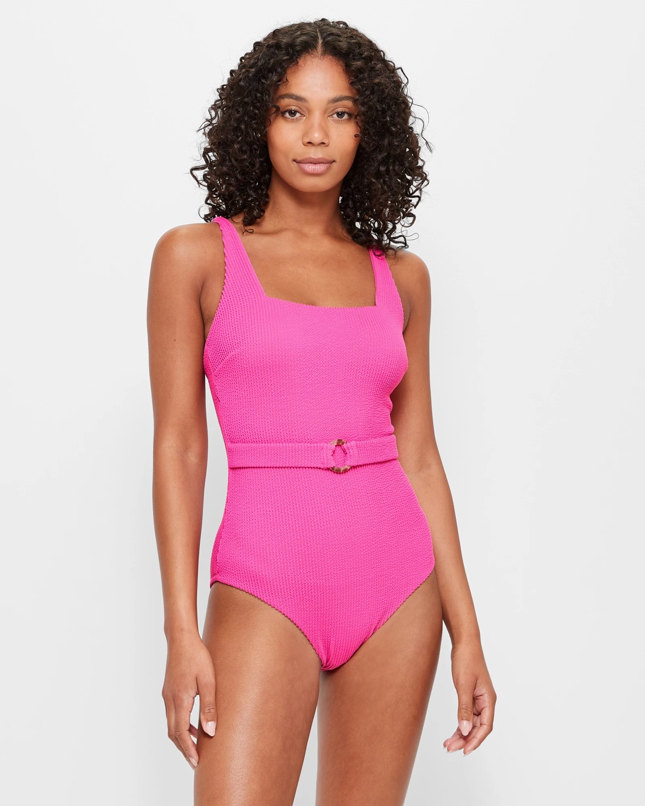 One Piece Classic Swimsuit & Bodysuit in Neon Pink Crinkle / High