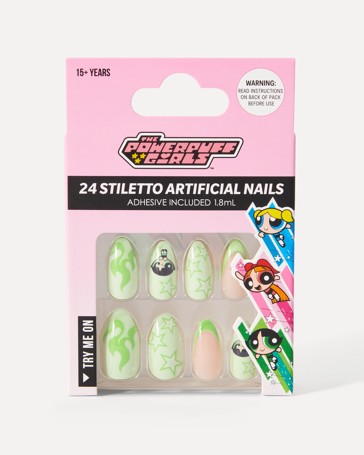 The Powerpuff Girls 24 Pack Artificial Nails with Adhesive - Stiletto Shape, Buttercup