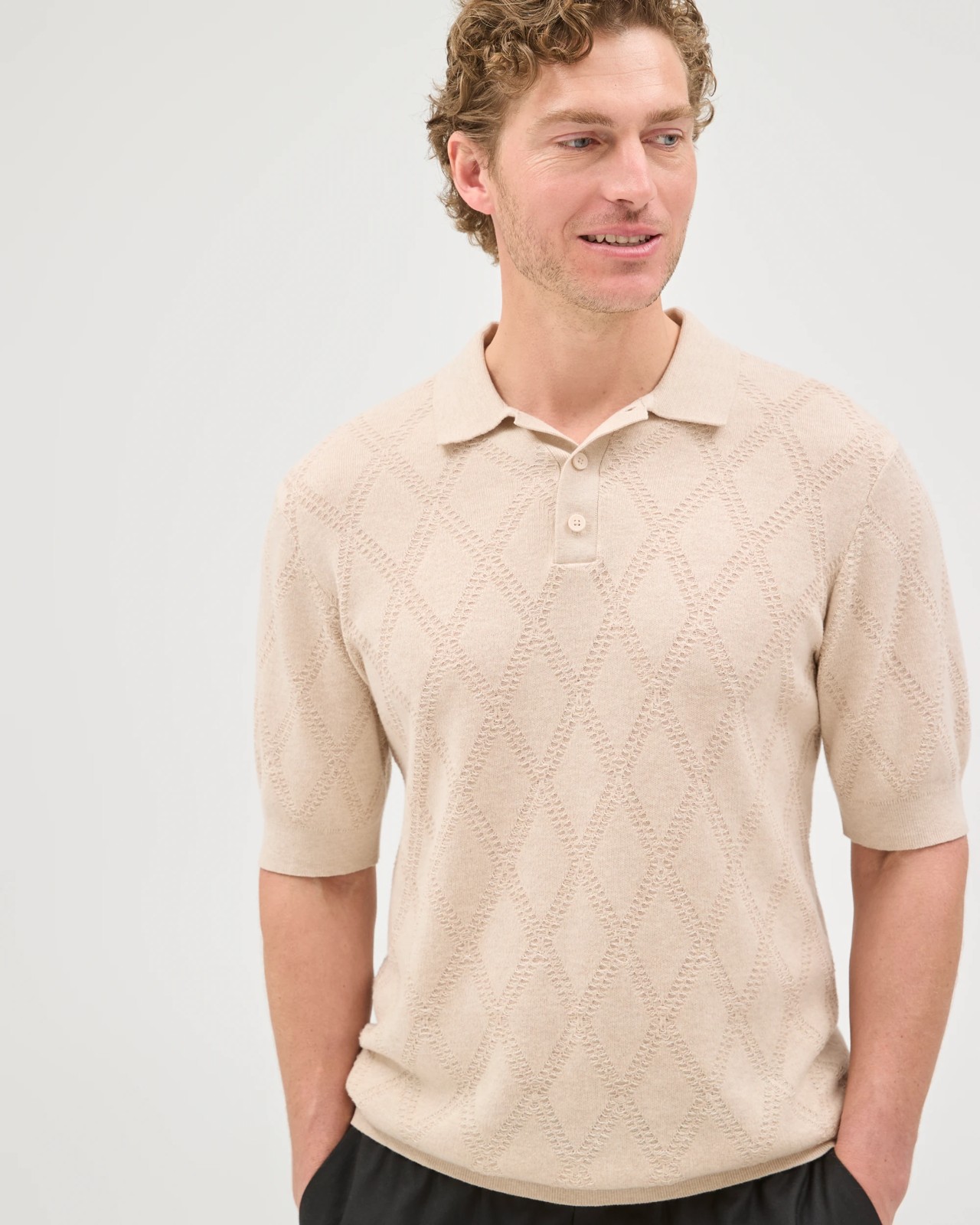 Preview Australian Cotton Jacquard Knit Polo Top - Moonbeam 5 of 5