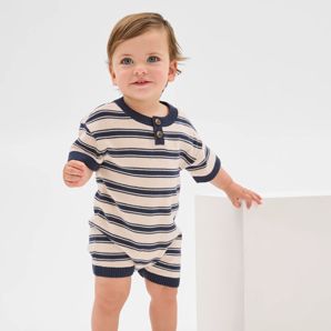 Baby Organic Cotton Knit Henley Stripe Romper