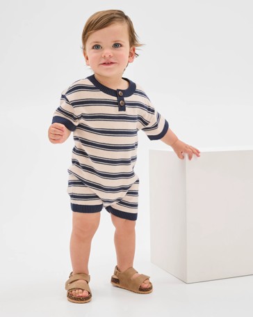 Baby Organic Cotton Knit Henley Stripe Romper