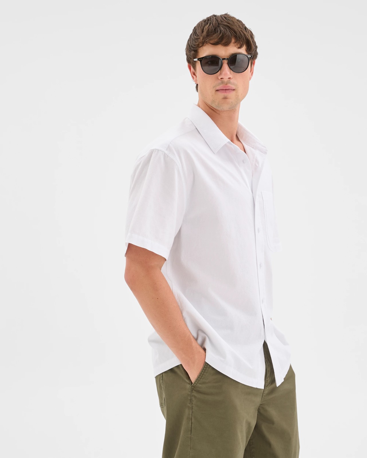 Commons Australian Cotton Plain Textured Boxy Fit Short Sleeve Shirt - Washed White 3 of 6