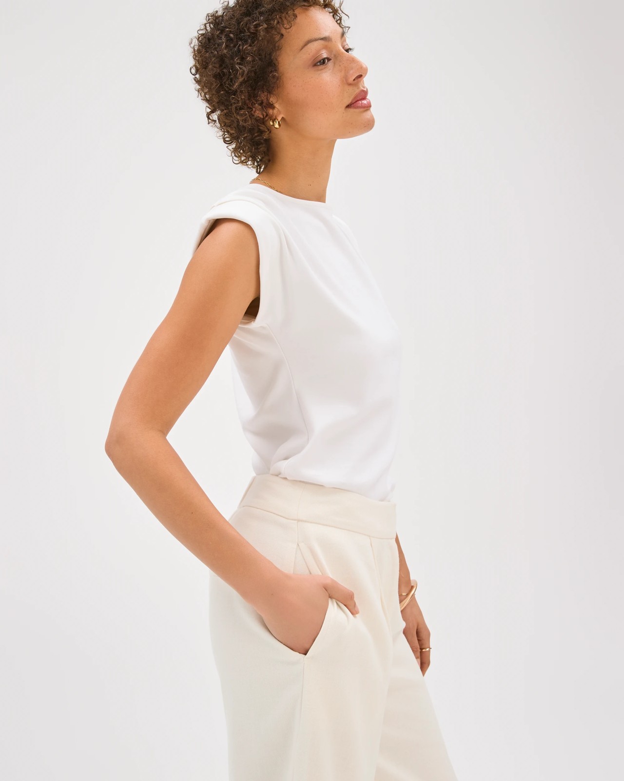 Preview Australian Cotton Sleeveless Shoulder Pad Tuck Detail Top - Cloud Dancer 4 of 6