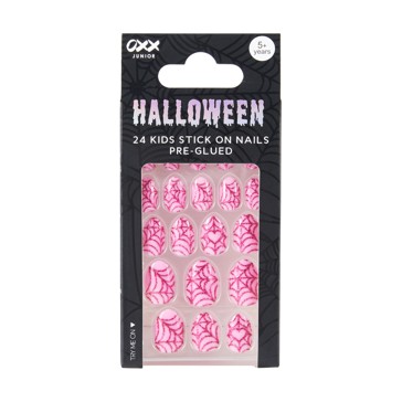 Halloween 24 Pack Kids Stick On Nails Pre-Glued  Glitter Webs  Pink - OXX Junior