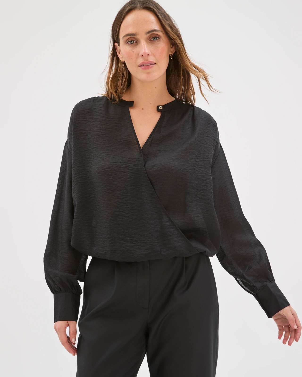 Preview Thalia Long Sleeve Wrap Front Blouson Blouse - Black 2 of 5