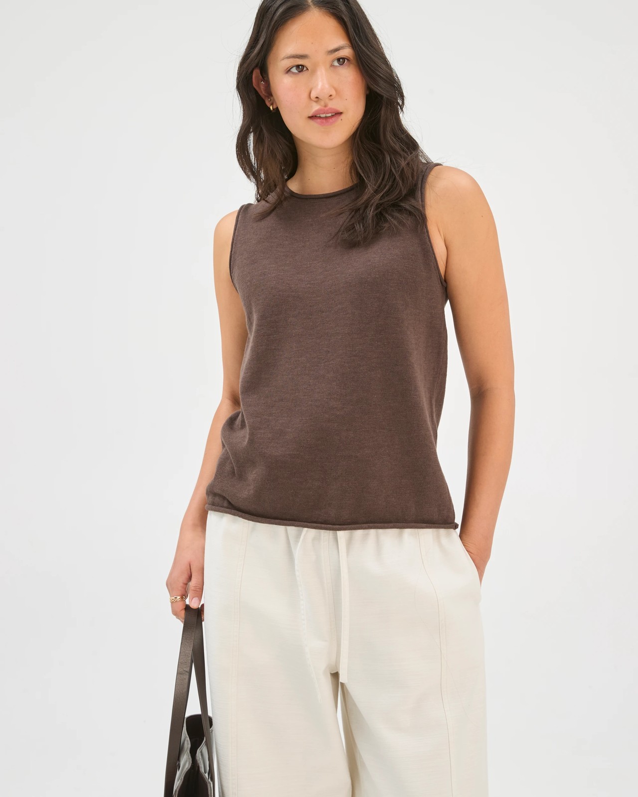 Australian Cotton Blend Rolled Edge Knitted Tank Top - Coffee 3 of 6