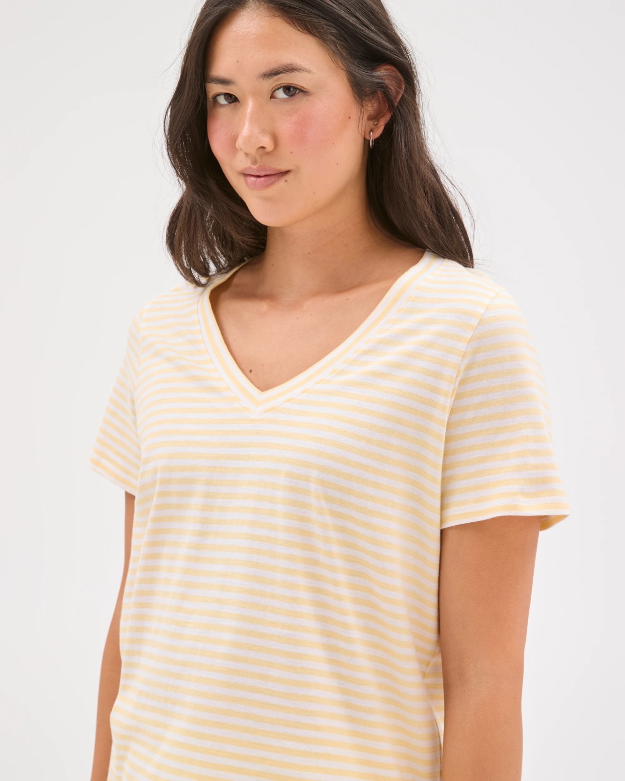 Australian Cotton Slub Relaxed V-Neck T-Shirt - Butter Lemon/White Stripe 5 of 5
