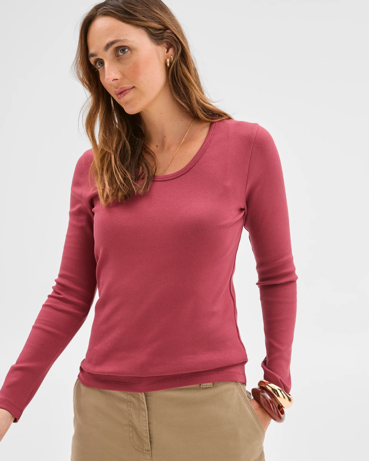 Australian Cotton Long Sleeve Scoop Neck Rib T-Shirt - Oxblood Red 2 of 5