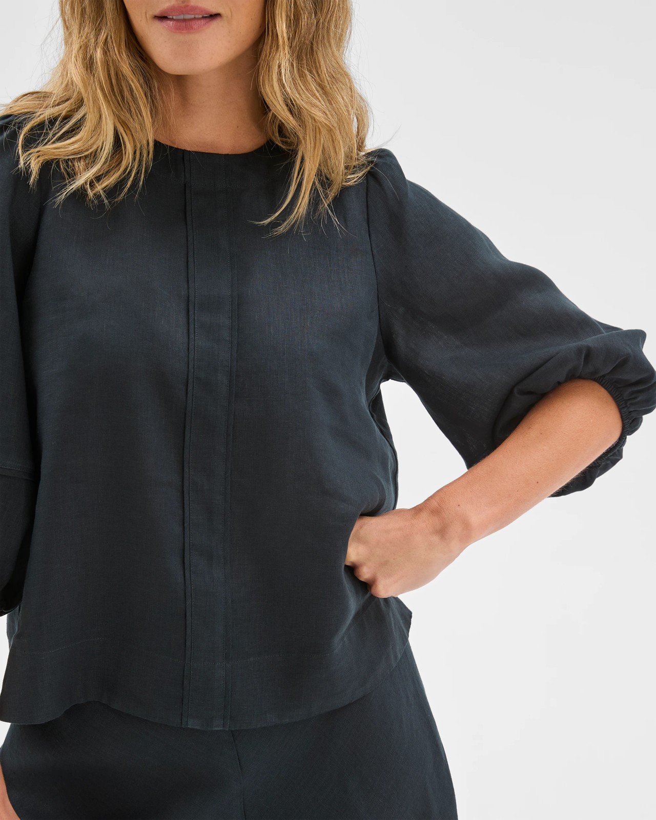 European Linen Femme Popover Blouse - Black 5 of 6