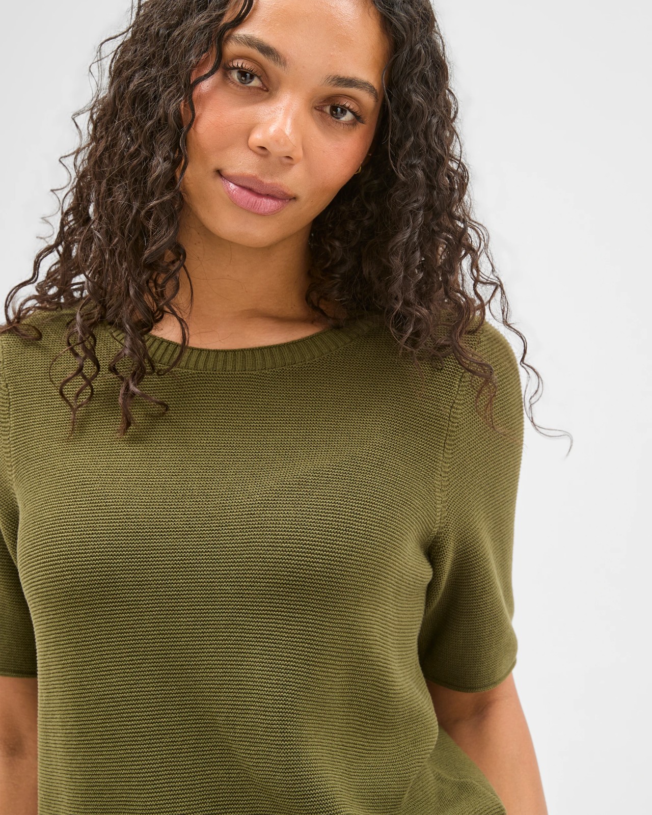 Australian Cotton Blend Relaxed Fit Ottoman Stitch Knitted T-Shirt - Deep Moss 3 of 6