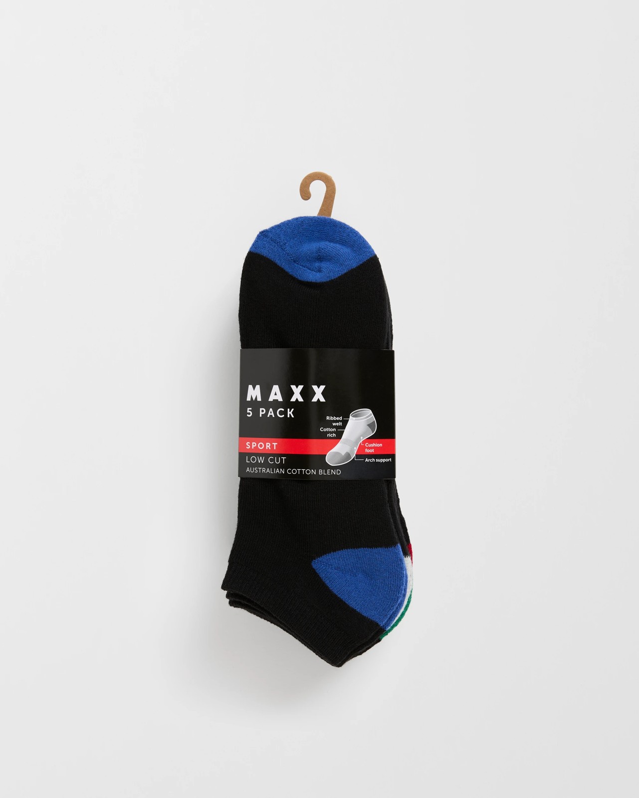 Maxx Australian Cotton Blend 5 Pack Low Cut Sport Socks - Black Colour Blocking 3 of 3
