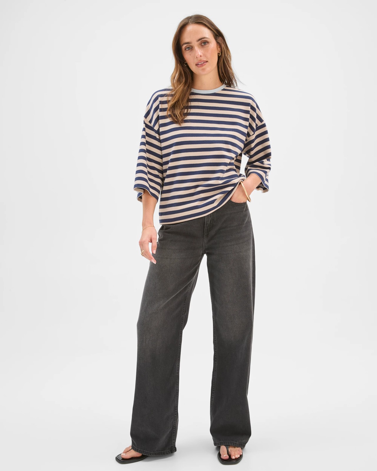 Australian Cotton 3/4 Length Wide Sleeve Boxy T-Shirt - Navy / Birch 2 of 5