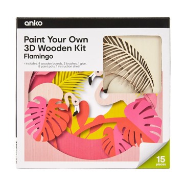 15 Piece Paint Your Own 3D Wooden Kit, Flamingo - Anko