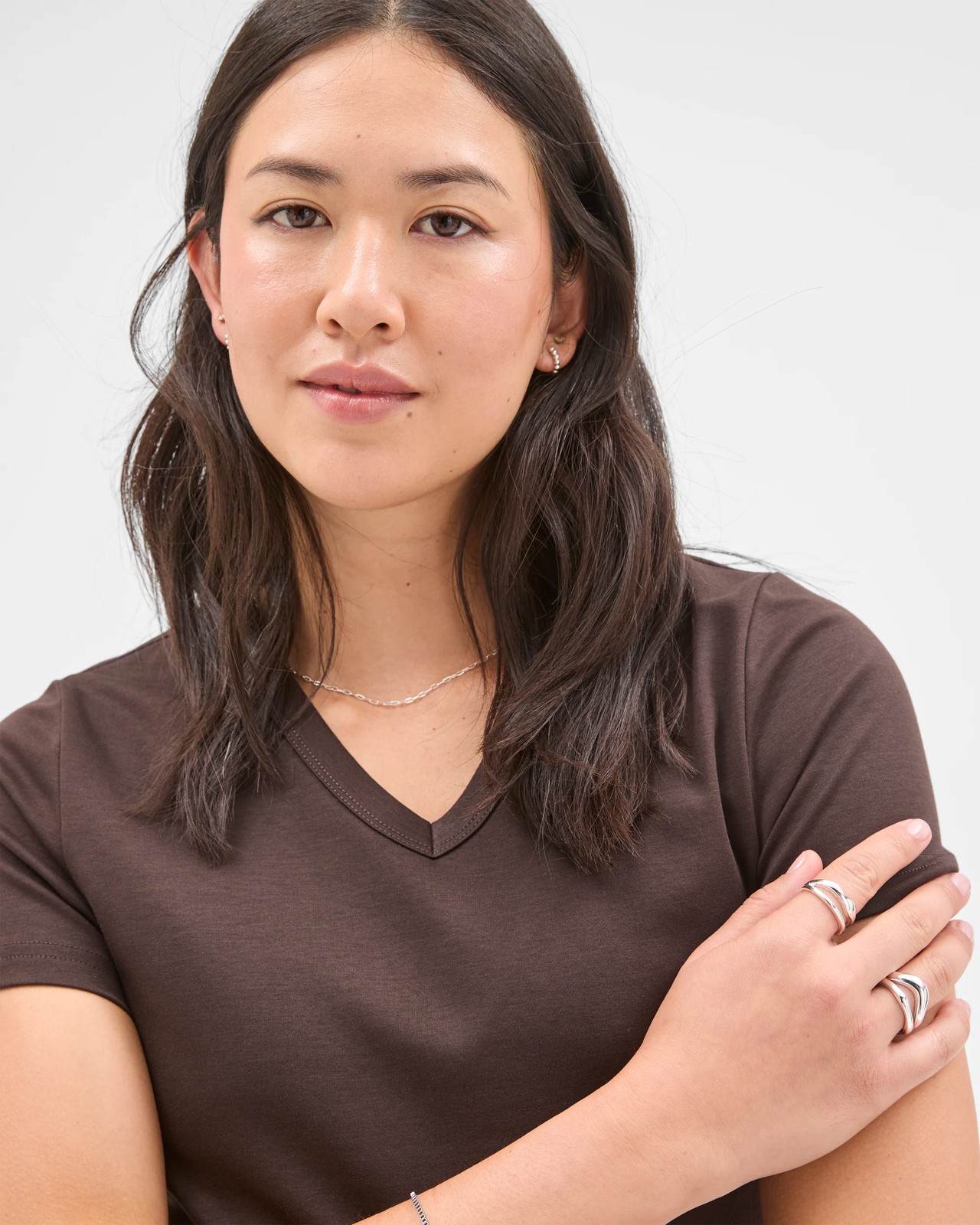 Preview Australian Cotton V-Neck Interlock T-Shirt - Coffee Bean 3 of 5