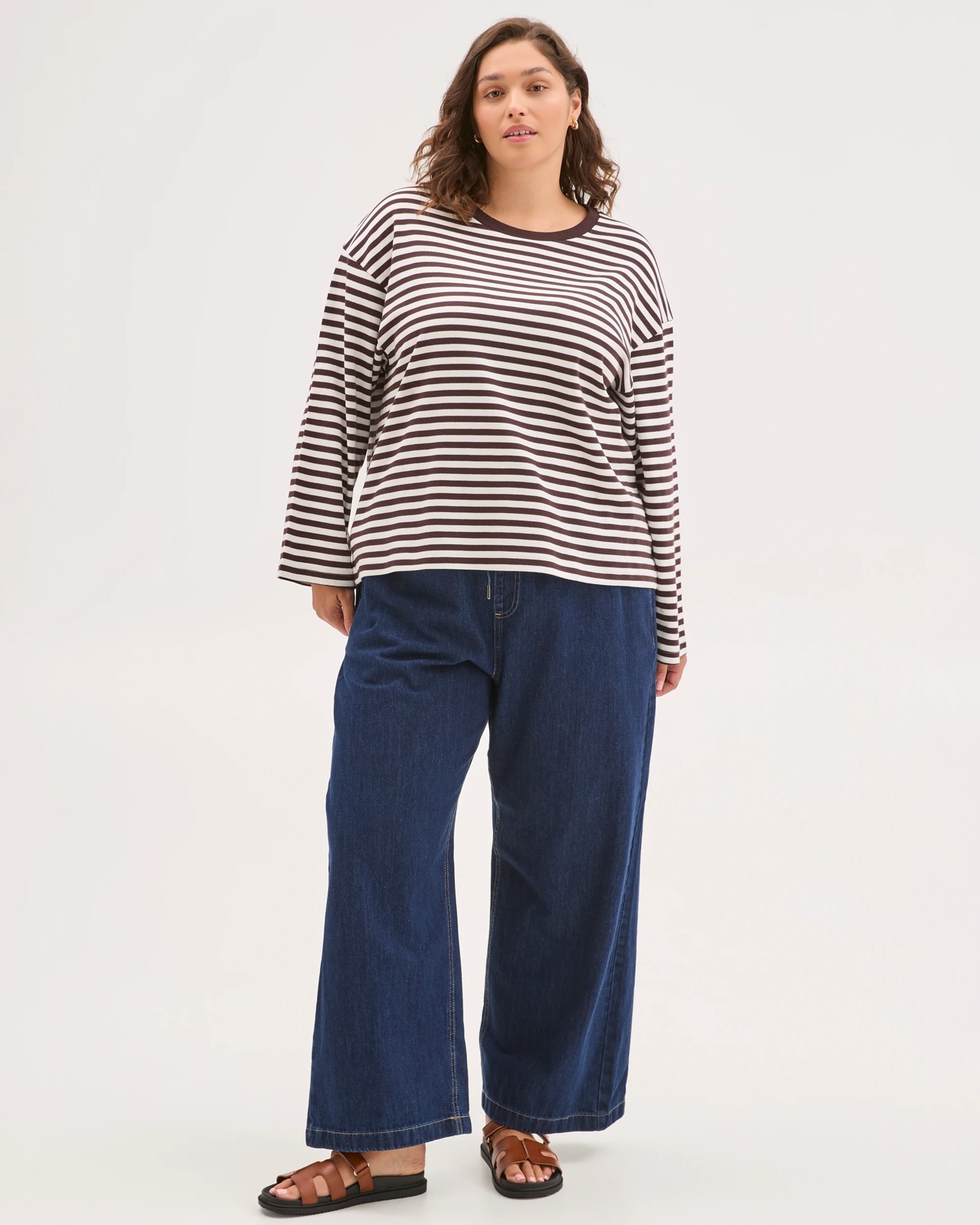 Plus Size Australian Cotton Long Wide Sleeve T-Shirt - Brunette/White 2 of 6