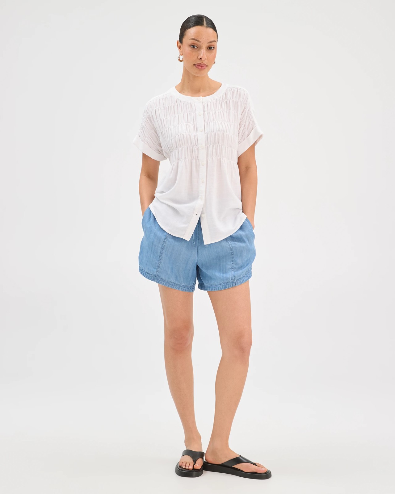 Short Sleeve Shirred Button Through Top - White 2 of 5