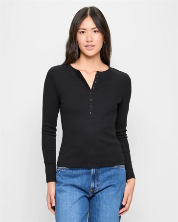 Australian Cotton Long Sleeve Rib Henley T-Shirt