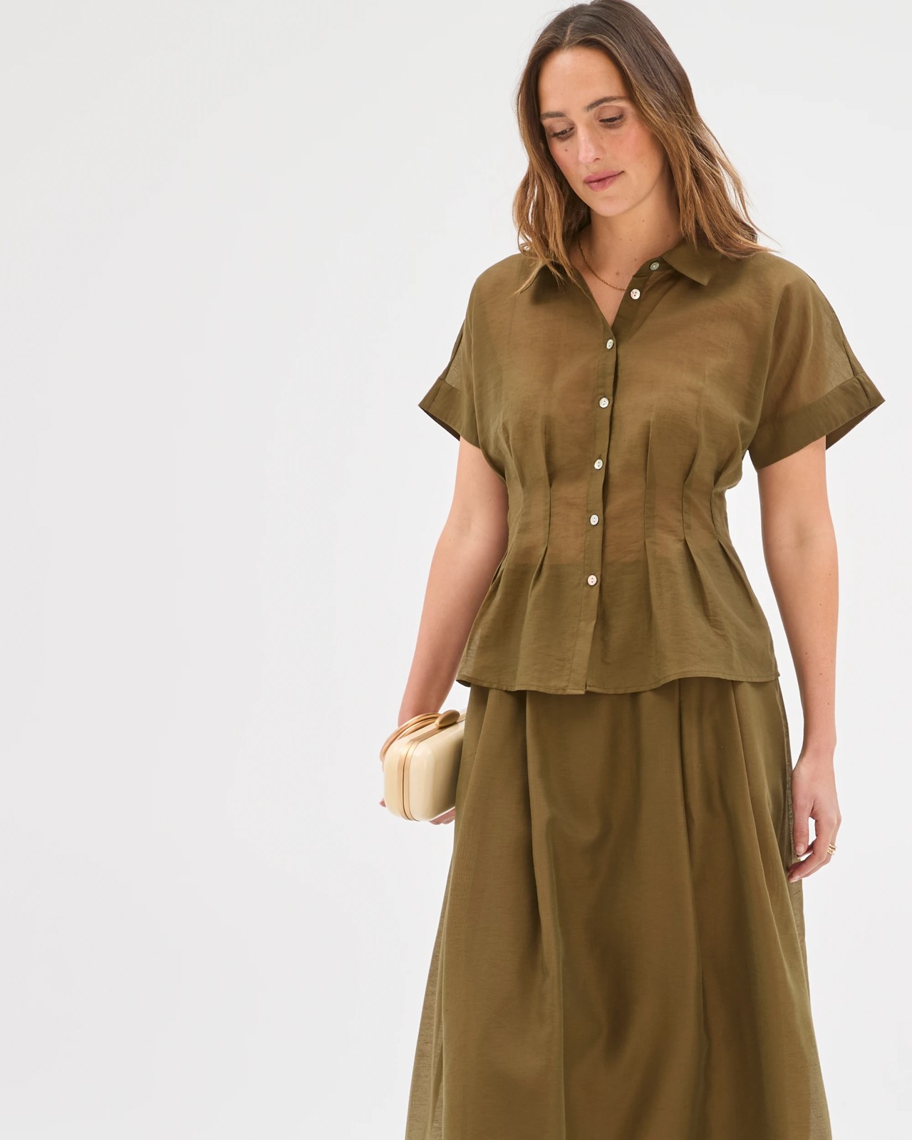 Preview Helena Short Sleeve Tuck Shirt - Khaki Olive 2 of 6
