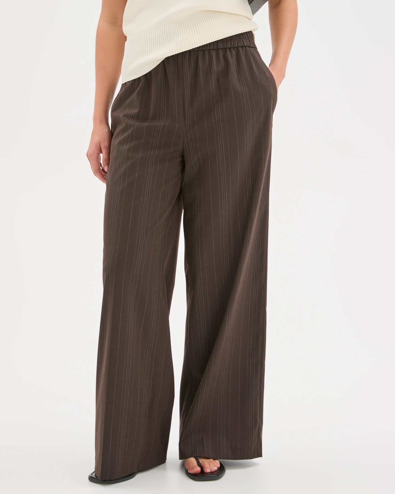 Preview Elastic Waist Tailored Pants - Coffee Bean Broken Stripe 5 of 5