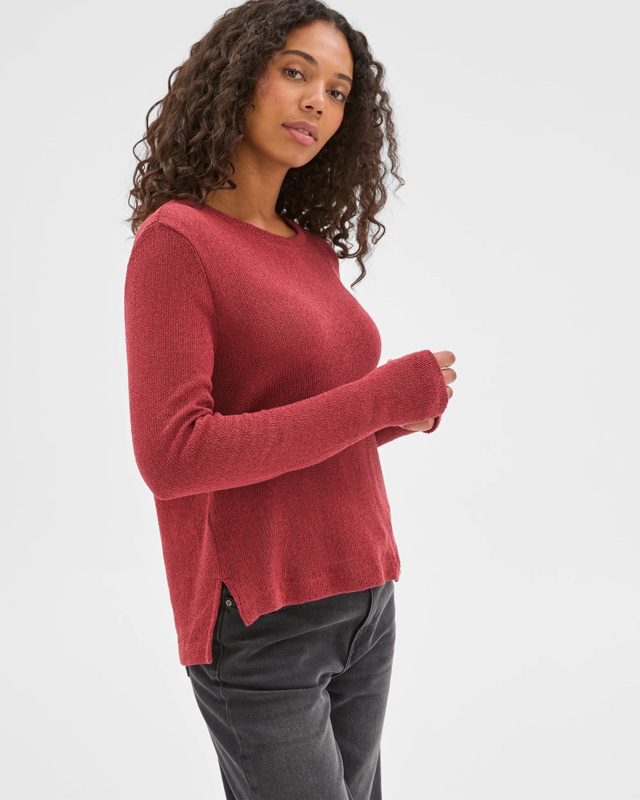 Australian Cotton Blend Long Sleeve Step Hem Textured Knit Top - Brick 4 of 5