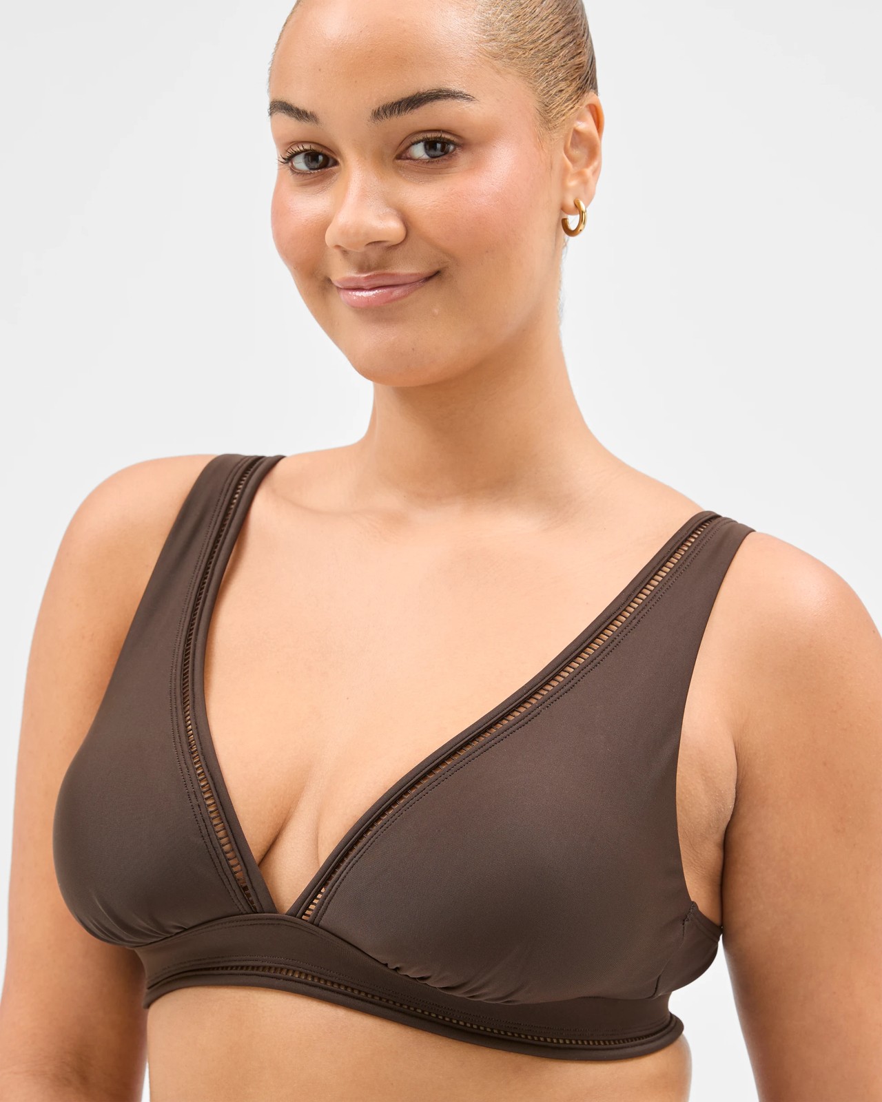 Shape Your Body Resort Ladder Trim V Neck Matte Micro Swim Bikini Top - Cocoa 5 of 6
