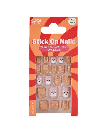 OXX Junior Pack Kids Pre-Glued Stick-On Nails - Square Shape, Glitter Teddy Bears