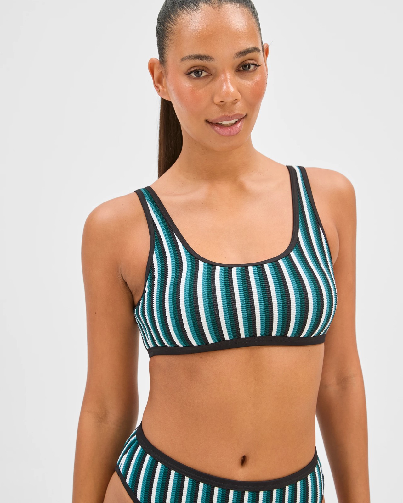Scoop Neck Crinkle Bikini Top - Cocoa/Deep Sea Stripe 2 of 5