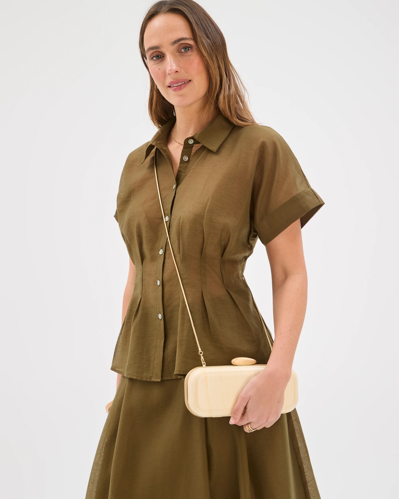 Preview Helena Short Sleeve Tuck Shirt - Khaki Olive 6 of 6