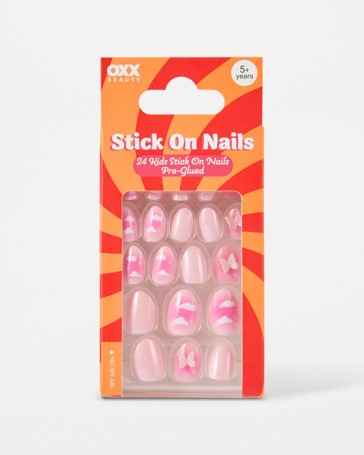 OXX Beauty 24 Pack Kids Pre-Glued Stick-On Nails, Almond Shape - Clouds and 3D Butterfly
