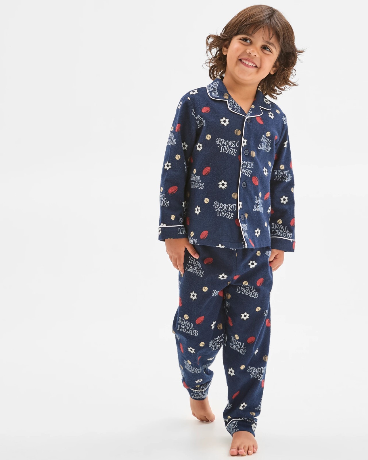 Younger Boys Australian Cotton Long Sleeve Top & Long Length Pants Flannel Pyjama Set - Sports 3 of 5