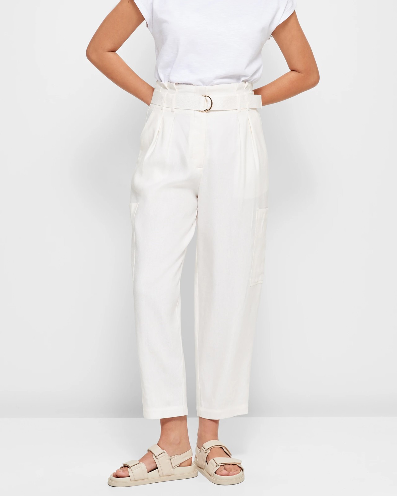 Linen Blend Belted High Waist Pants