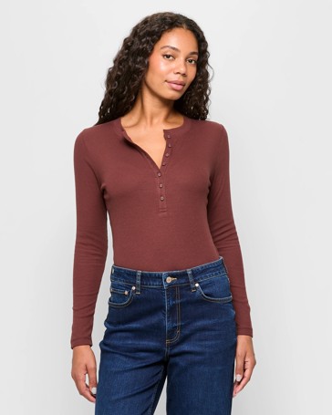 Australian Cotton Long Sleeve Rib Henley T-Shirt