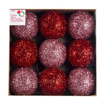 9 Pack 10cm Pink Candy Tinsel Baubles - Anko