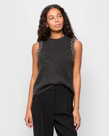 Jewel Detail Sleeveless Knit Vest - Preview