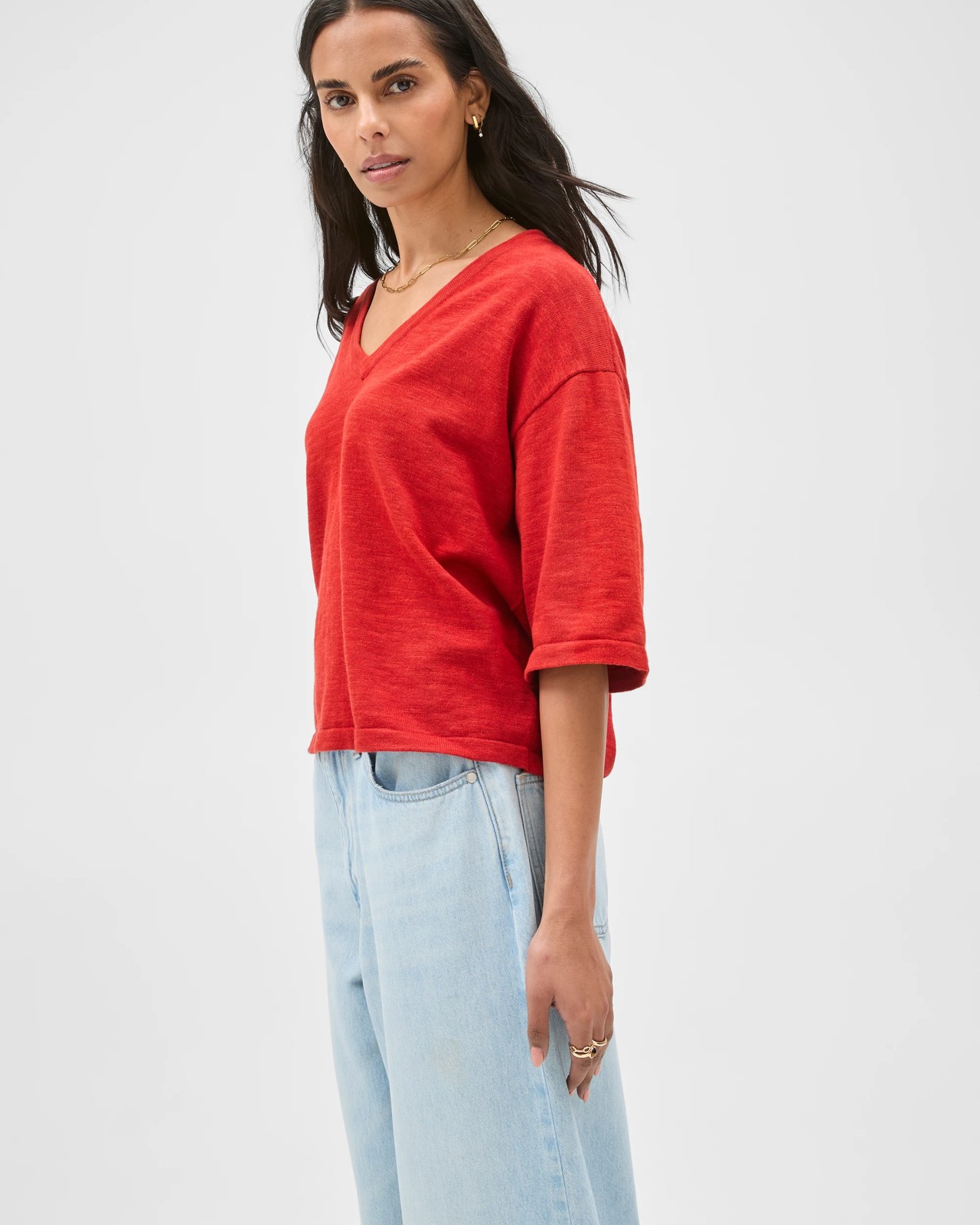 Australian Cotton Blend Boxy V-Neck Knitted T-Shirt - Warm Terracotta 5 of 5