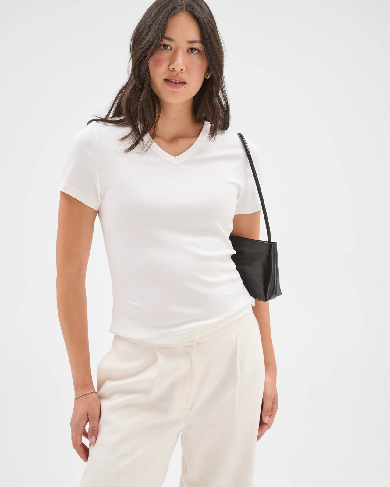 Preview Australian Cotton V-Neck Interlock T-Shirt - Cloud Dancer 5 of 5
