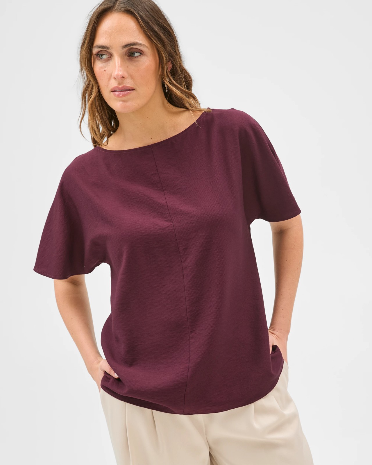 Preview Short Flutter Sleeve Textured Blouse - Parchment 3 of 5