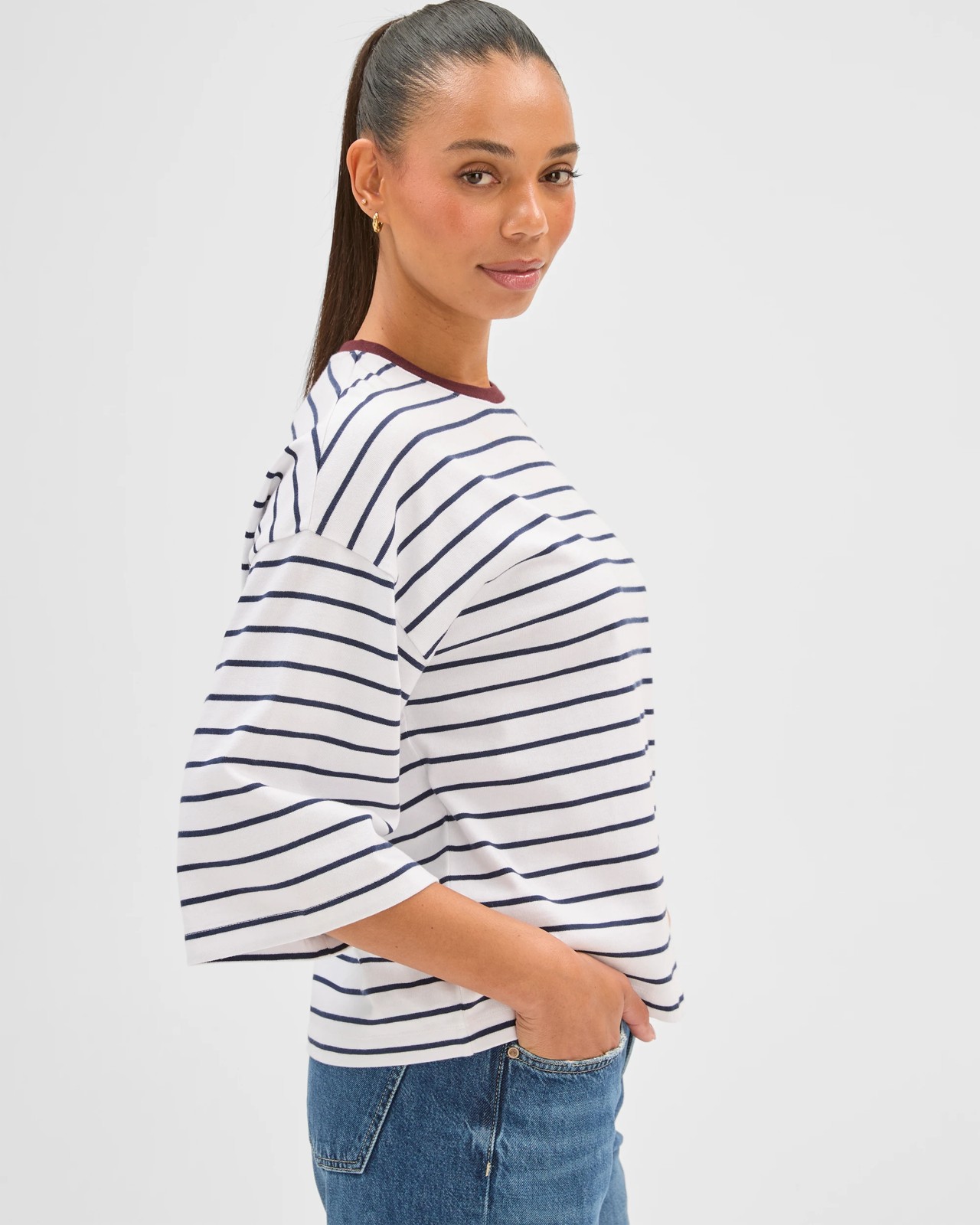 Australian Cotton 3/4 Length Wide Sleeve Boxy T-Shirt - Navy/White/Burgundy 6 of 6
