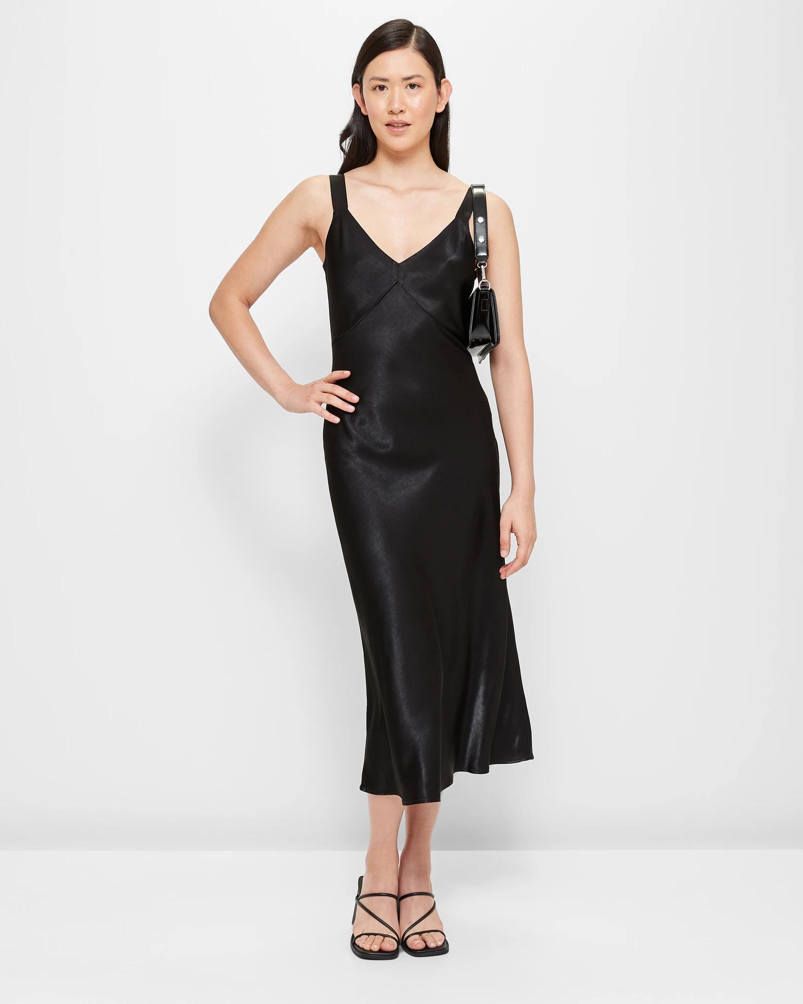 target black slip dress Women's Lace Trim Midi Slip Dress