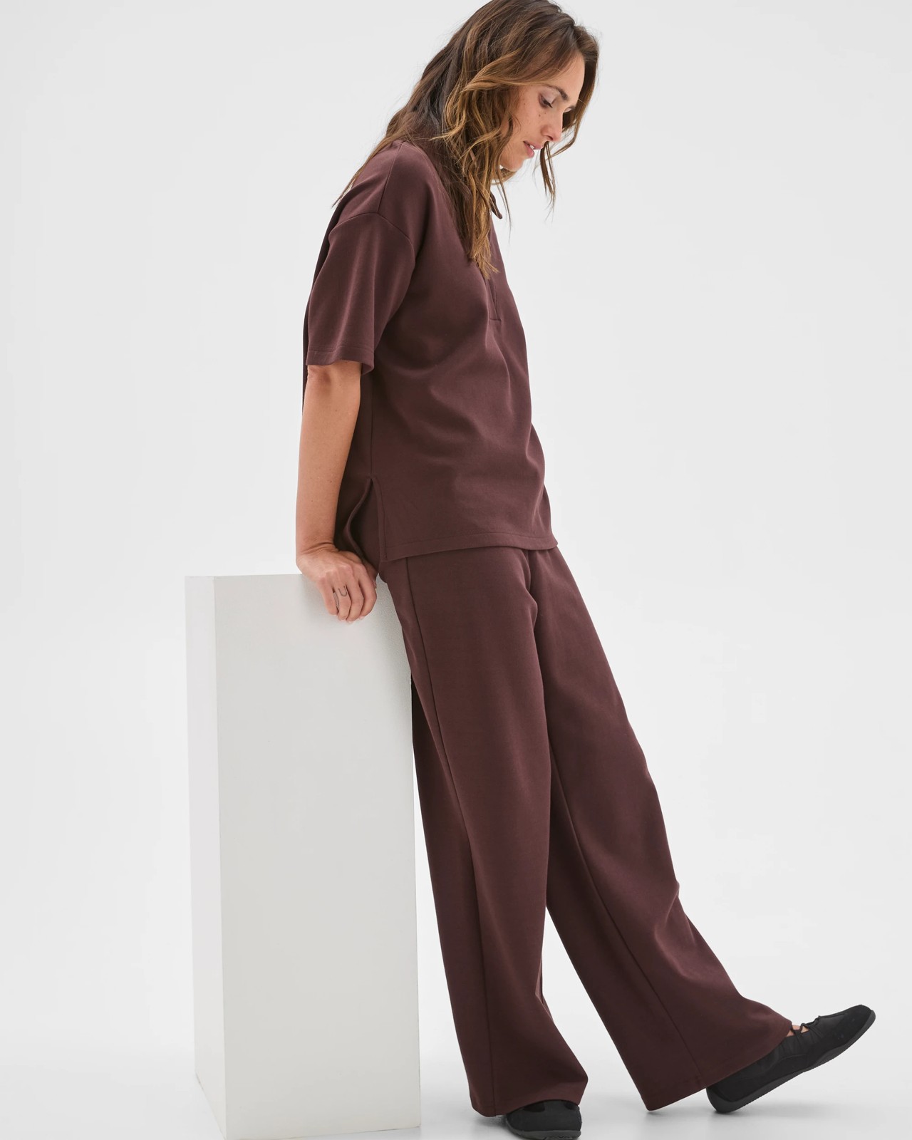 Australian Cotton Blend Wide Leg Interlock Pants - Chocolate Plum 4 of 5