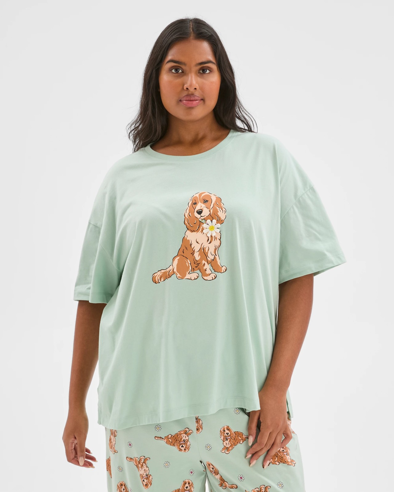 Plus Size Australian Cotton 7/8 Length Jersey Pyjama Set - Dog Green 2 of 6